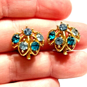 Vintage Mid Century Clip On Earrings Petite Blue & Green Rhinestones On Goldtone